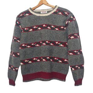 Vintage Skyr Womens Medium Sweater Wool Gray Striped Pullover Chunky Ski